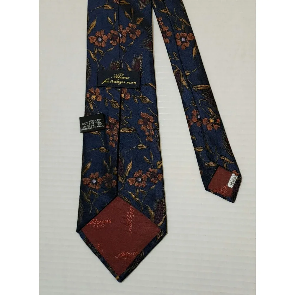 Alcione for Today's Man Silk Tie 4"x57.5" Navy Blue Floral Made in Italy - Picture 3 of 6
